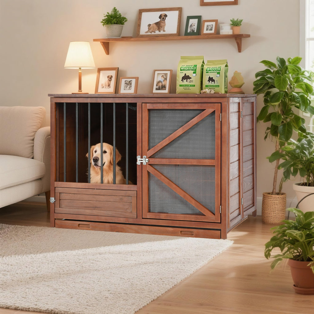 Foldable Wooden Dog Crate Furniture (43 Inch) – Heavy Duty Indoor Kennel with 360° Ventilation