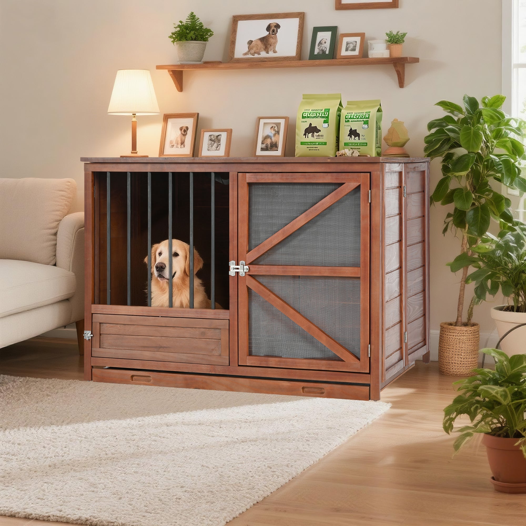 Foldable Wooden Dog Crate Furniture (43 Inch) – Heavy Duty Indoor Kennel with 360° Ventilation